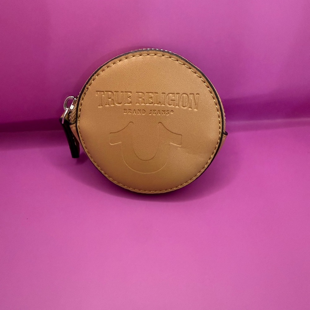 True Religion Brown Round Coin Case/Airpods/Wallet